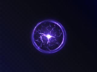 Glowing Plasma Ball. Energy magic portal. An explosion of plasma energy inside a ball with a lot of ball lightning. Vector for web design and illustrations.
