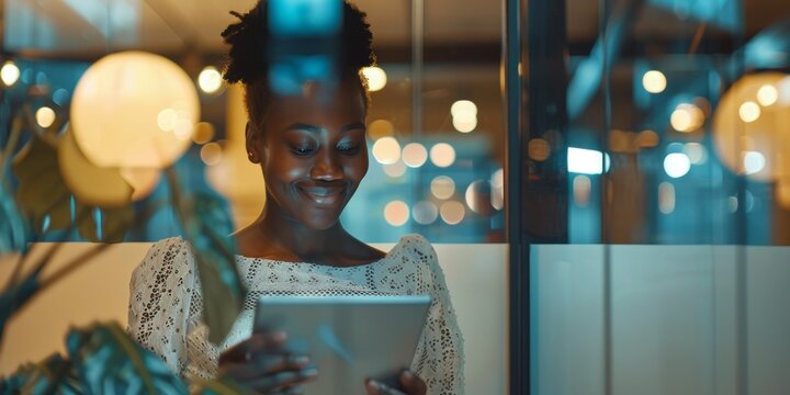 Businesswoman with deadline vision, digital marketing concepts, or advertising schedule management in coworking office at night. Happy or inventive late-night tech designer