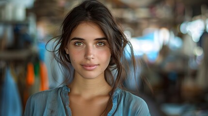 Obraz premium Portrait of a young woman in casual clothing with a serene expression, blurred background, natural light, and soft focus.