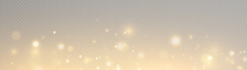 Light bokeh of gold dust with reflections. Christmas glowing bokeh and glitter overlay texture for your design on a transparent background. Gold particles abstract vector background.   © Valeriia
