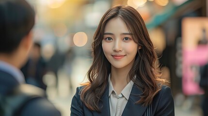 Obraz premium Korea businesswoman handshake with bussines man, people blurred in background