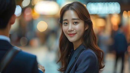 Obraz premium Korea businesswoman handshake with bussines man, people blurred in background