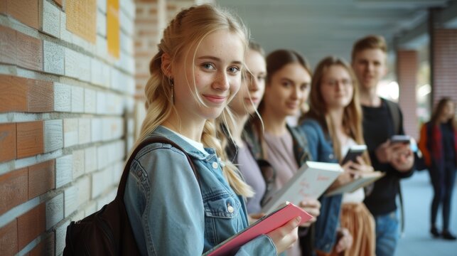 University, lobby, and photo of business school women and students with books. Friends, education, and future, US female in college study group in exam corridor.
