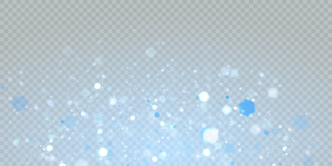Light bokeh of blue dust with reflections. Christmas glowing bokeh and glitter overlay texture for your design on a transparent background. Blue particles abstract vector background.	