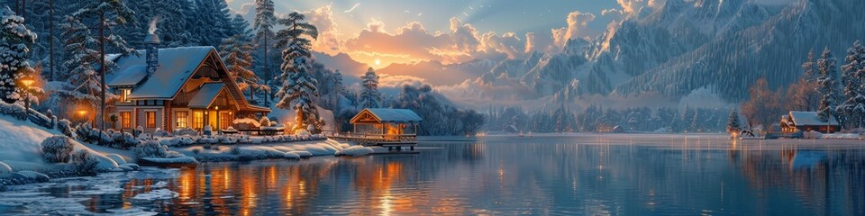 Fototapeta premium Winter Sunset Over a Mountain Lake