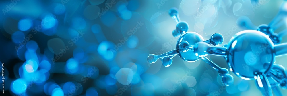 Poster blue molecular structure with bokeh effect background. innovative concept in scientific research and