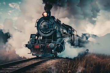 Obraz premium A vintage steam locomotive with billowing steam on an old railway track