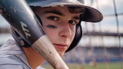 Fototapeta premium A focused baseball player holding a bat for game, workout, or practice. Softball inspiration, winner mindset, or fitness athlete prepares for field training