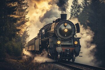 A vintage steam locomotive with billowing steam on an old railway track