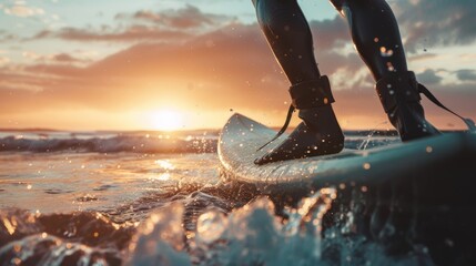 Fototapeta premium Weekend night beach, surf board, surfer dude walking in water, sports, and fitness. Australia summer vacation: freedom, waves, and pleasure. Health, ocean wave splash, and sunset surfing ready