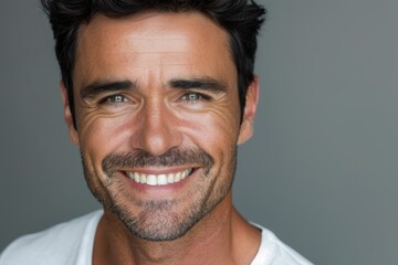 Obraz premium Beauty, skincare, and happy model in cosmetology ads. Fresh, glowing, facial, bodily wellness, or dental oral hygiene in grey studio background.