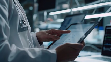 Doctor uses iPad to research medical equipment online. Medical professional using computerized device to design clinic wedding. Science, innovation, and technology in modern labs
