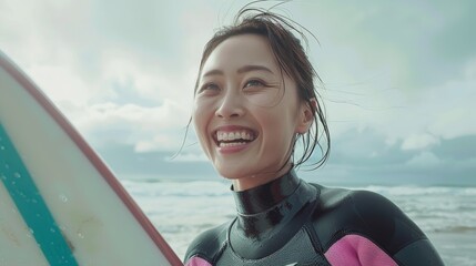 Summer vacation, travel experience, or hobby: woman, surfing board, and laughing at beach, sea, and ocean. Happy Japanese surfer celebrating water sports, independence, and tropical island vacation.