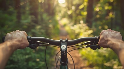 Mountain bike in forest, hands on handlebar, bokeh. Fit, healthy dude biking on outdoor adventure trail. Park riding in summer: nature, independence, workout