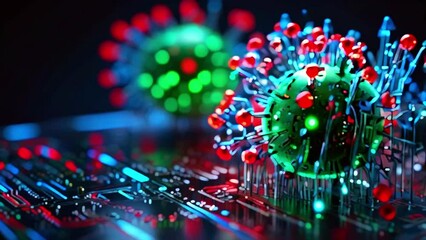 This is an video of two viruses on a computer circuit board. The viruses are green and red, and the circuit board is blue. - Powered by Adobe
