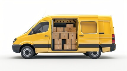 yellow cargo van with doors open and full of cardboard boxes for shipping, isolated on white or transparent background