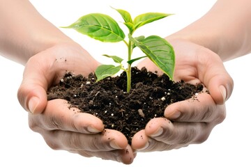 Hands holding soil with a young green plant sprouting. Conceptual image of growth and nurturing. Suitable for environmental, ecological, and sustainability themes. Stock photo. Generative AI