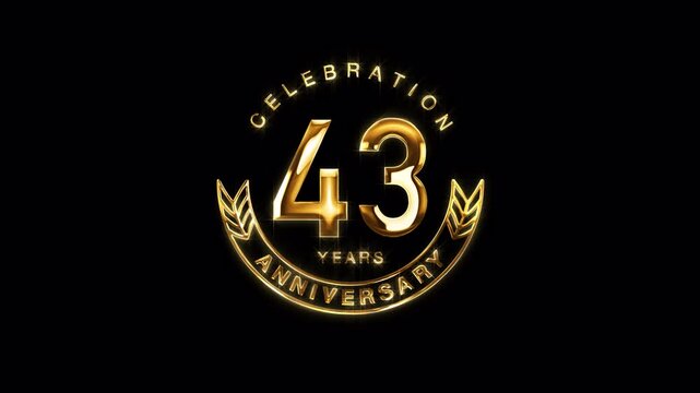 43rd Golden Anniversary Celebration. Happy 43 Years Anniversary Animation in Gold Color on the Transparent Background, Alpha Channel. Great for greetings, celebrations, events, and gifts.