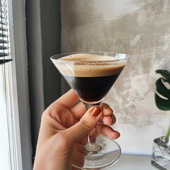 Espresso martini in a glass, held by a woman with painted fingernails, grey neutral background