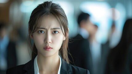 Korea businesswoman angry expression, people blurred in background