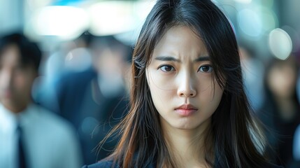 Fototapeta premium Korea businesswoman angry expression, people blurred in background