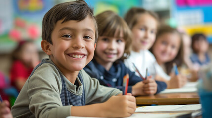 Fototapeta premium Smiling kids multiple races and nations in the class at school time happy to learn something new. Back to school concept.
