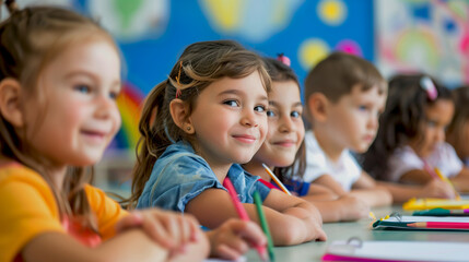 Fototapeta premium Smiling kids multiple races and nations in the class at school time happy to learn something new. Back to school concept.