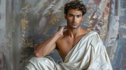 Handsome Man Wearing White Draped Toga