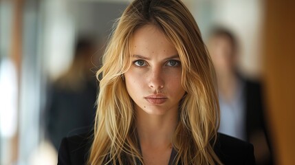 Fototapeta premium Blonde businesswoman angry expression, people blurred in background