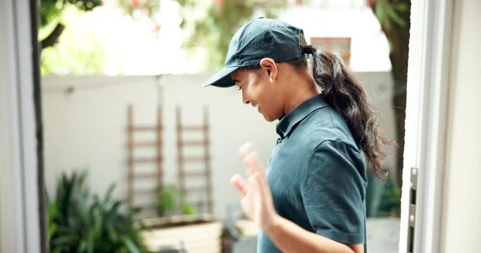 Happy woman, delivery and door with box for order, shipment or package in logistics at home. Female person giving parcel or cargo with smile for courier service, online purchase or ecommerce at house