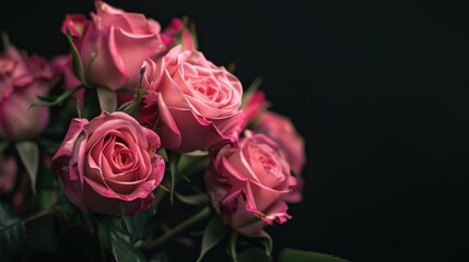 Obraz premium Macro photo of pink roses in focus against a black backdrop