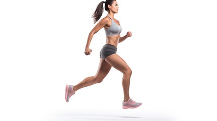 Young woman running work gym in motion sequence on white background