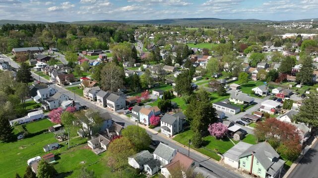 Small american town in idyllic district during sunny day with clouds. Blossoming trees on main street with different houses and homes. Aerial establishing flight.
