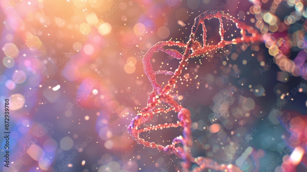 Poster Abstract DNA helix with glowing particles and bokeh effect on a colorful background. Biotechnology and genetics research.