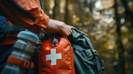 Prepared for the Wilderness: A Close-up of a First Aid Kit Attached to a Backpack
