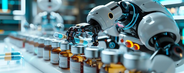 Fototapeta premium AI and machine learning in pharmaceuticals, robots assisting in drug synthesis, advanced technology, sleek and detailed design, photorealistic quality. copy space for text,