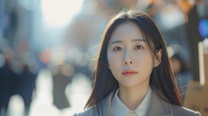 Obraz premium Korea businesswoman watch note at cardboard, people blurred in background