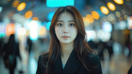 Obraz premium Korea businesswoman watch note at cardboard, people blurred in background