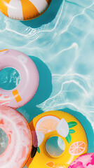 inflatables in the pool on a summer hot day. background with blue pool water with swimming toys and inflatables