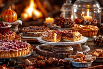 Fototapeta premium Cozy autumn scene with a variety of delicious pies and desserts, illuminated by warm candlelight and a crackling fireplace in the background.