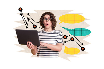 Artwork 3d photo collage of surprised shocked geek hold modern gadget diagram chart isolated on...