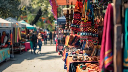 Naklejka premium Vibrant market stalls showcasing colorful textiles, handmade crafts, and eclectic items in an outdoor market setting with people shopping.
