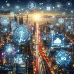 Fototapeta premium The Evolution of 5G Networks and Cloud Computing in Smart Cities, generated by AI