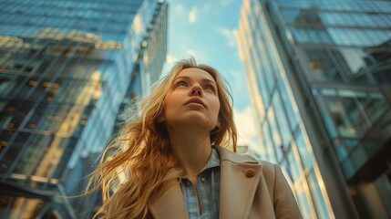 Obraz premium Low angle view of a beautiful blonde businesswoman commuting to work in the city, high building background