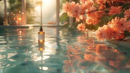 Glass Bottle Floating in a Pool at Sunset With Pink Flowers
