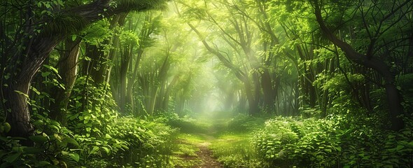 Obraz premium Enchanting Path in a Lush Green Forest with Tall Trees and Sunlight Filtering Through the Leaves, Leading into Darkness, Capturing the Beauty and Mystery of Nature