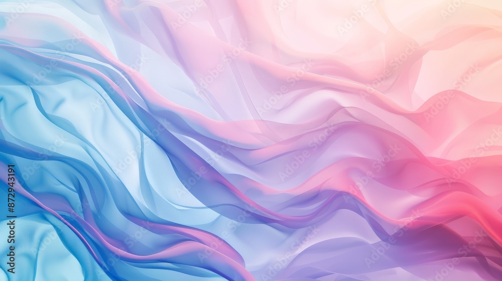 Poster soft pastel waves of fabric in pink and blue hues creating an abstract background.