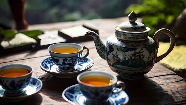 Tea ceremony, white cups and teapot with blue patterns
