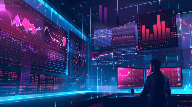 bustling financial office, a team of analysts is intensely monitoring stock market movements on multiple screens.The room is filled with a sense urgency as real-time data streams across their monitors