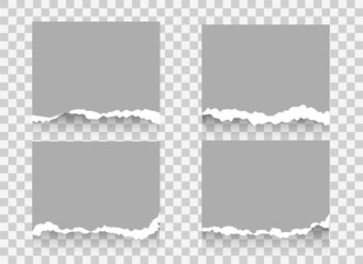 Set of various Torn Notebook Sheet. White and grey ripped paper notes, stickers, sticky sheets and tape. Vector illustration in flat style. Trendy elements for collage.